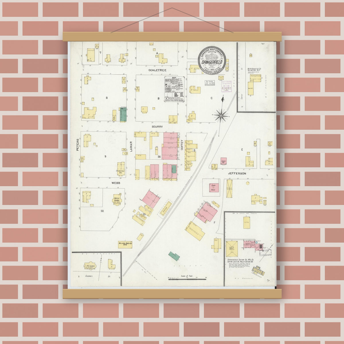 Old map wall art mockup — magnetic wood frame on brick wall — Sanborn Fire Insurance Map from Daingerfield, Morris County, Texas (1903), Sheet #0001