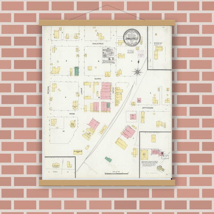 Old map wall art mockup — magnetic wood frame on brick wall — Sanborn Fire Insurance Map from Daingerfield, Morris County, Texas (1903), Sheet #0001