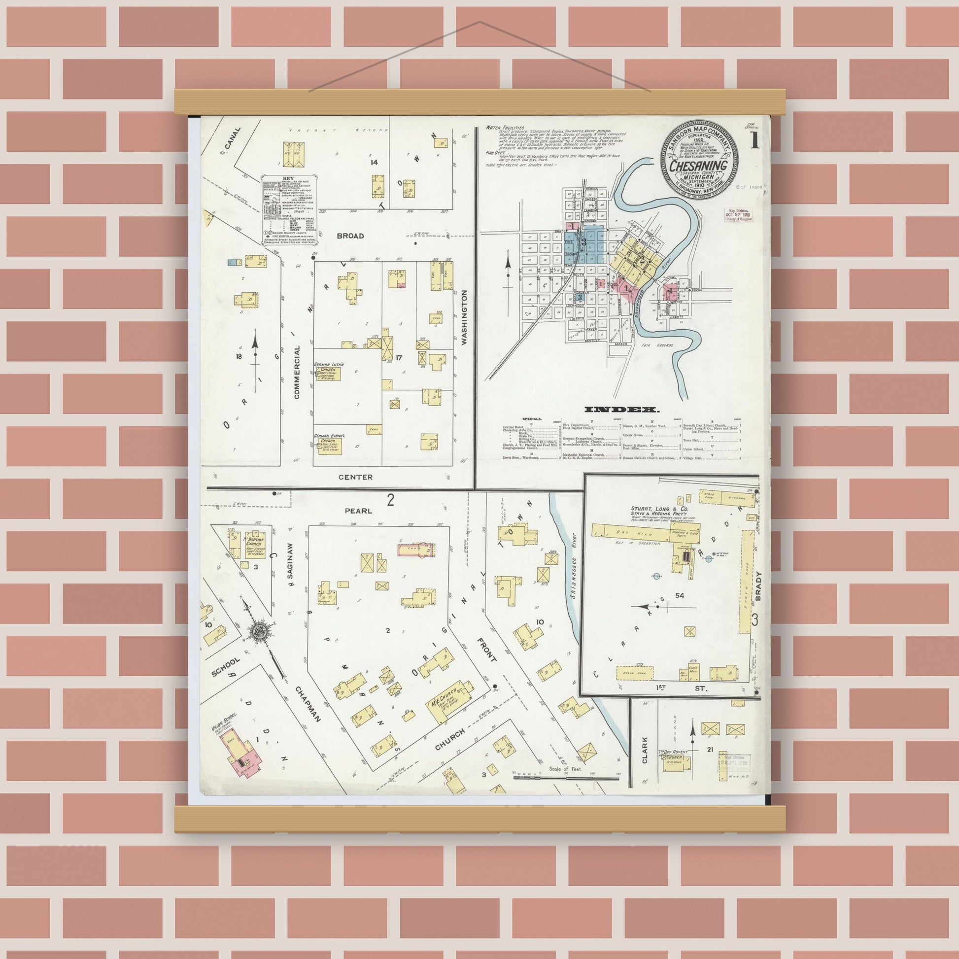 Old map wall art mockup — magnetic wood frame on brick wall — Sanborn Fire Insurance Map from Chesaning, Saginaw County, Michigan (1910), Sheet #0001