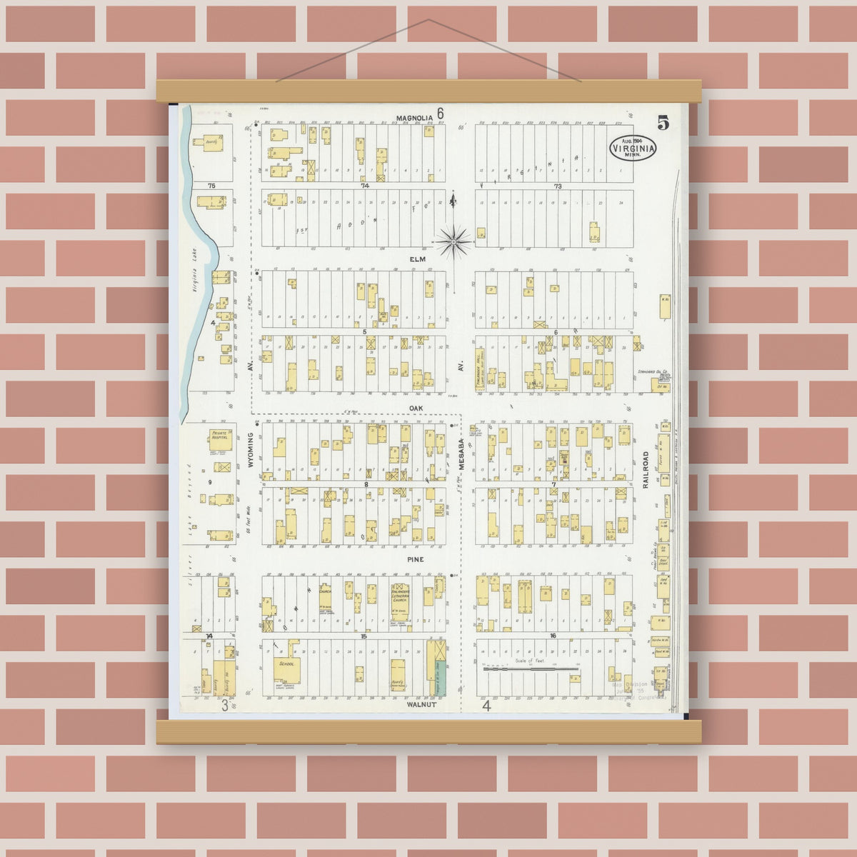Old map wall art mockup — magnetic wood frame on brick wall — Sanborn Fire Insurance Map from Virginia, Saint Louis County, Minnesota (1904), Sheet #0005
