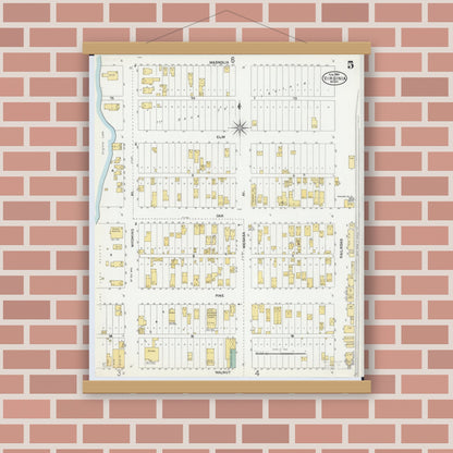 Old map wall art mockup — magnetic wood frame on brick wall — Sanborn Fire Insurance Map from Virginia, Saint Louis County, Minnesota (1904), Sheet #0005
