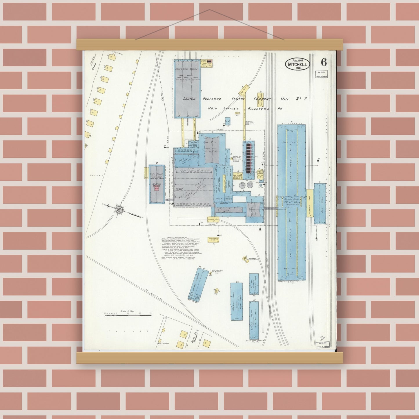 Old map wall art mockup — magnetic wood frame on brick wall — Sanborn Fire Insurance Map from Mitchell, Lawrence County, Indiana (1909), Sheet #0006
