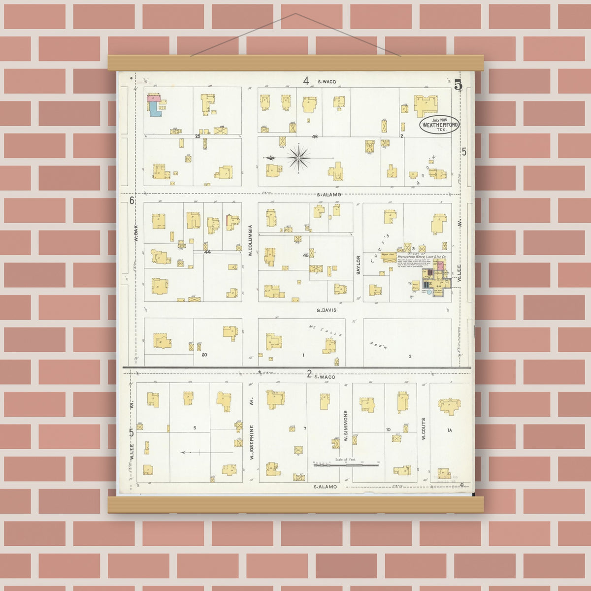 Old map wall art mockup — magnetic wood frame on brick wall — Sanborn Fire Insurance Map from Weatherford, Parker County, Texas (1905), Sheet #0005