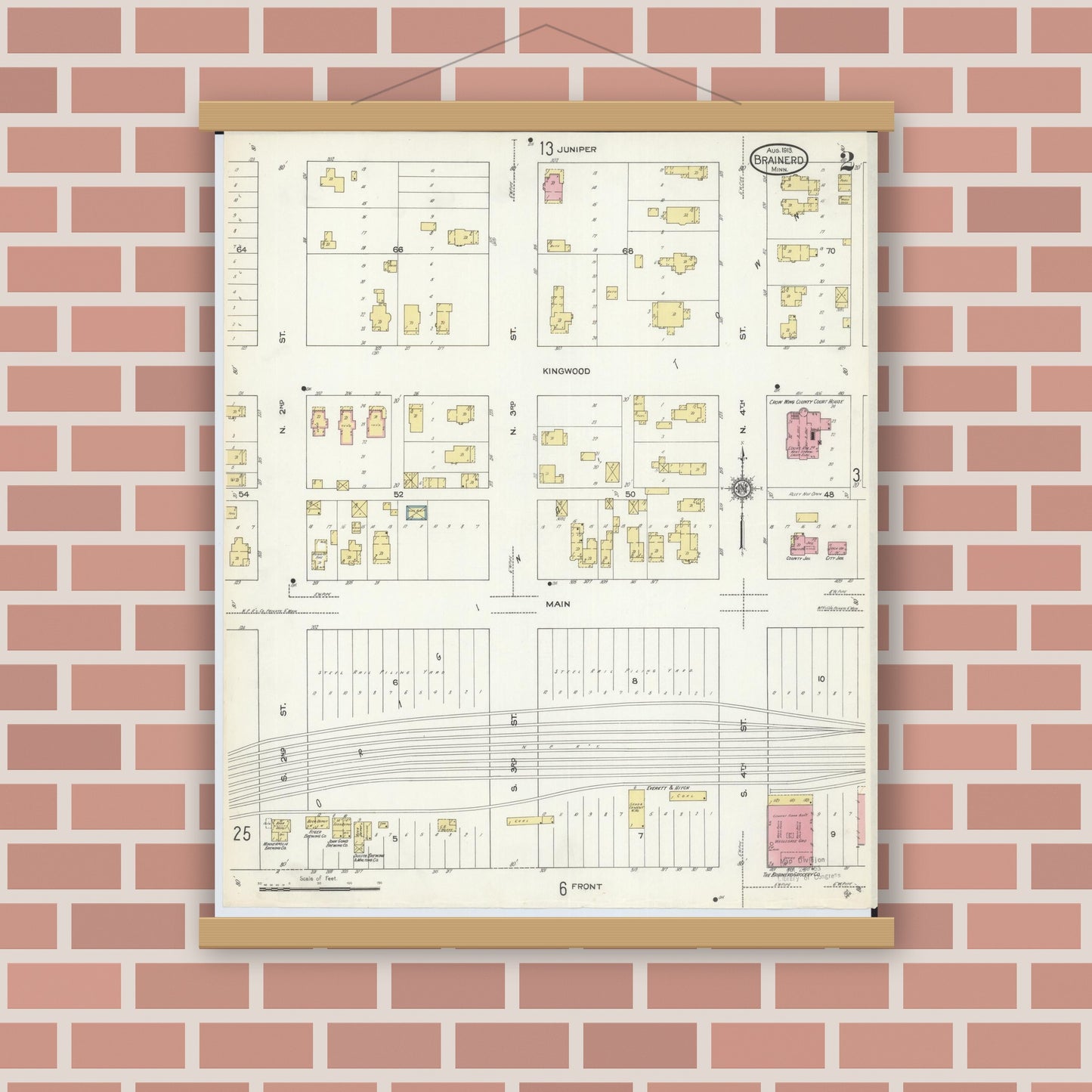Old map wall art mockup — magnetic wood frame on brick wall — Sanborn Fire Insurance Map from Brainerd, Crow Wing County, Minnesota (1913), Sheet #0002