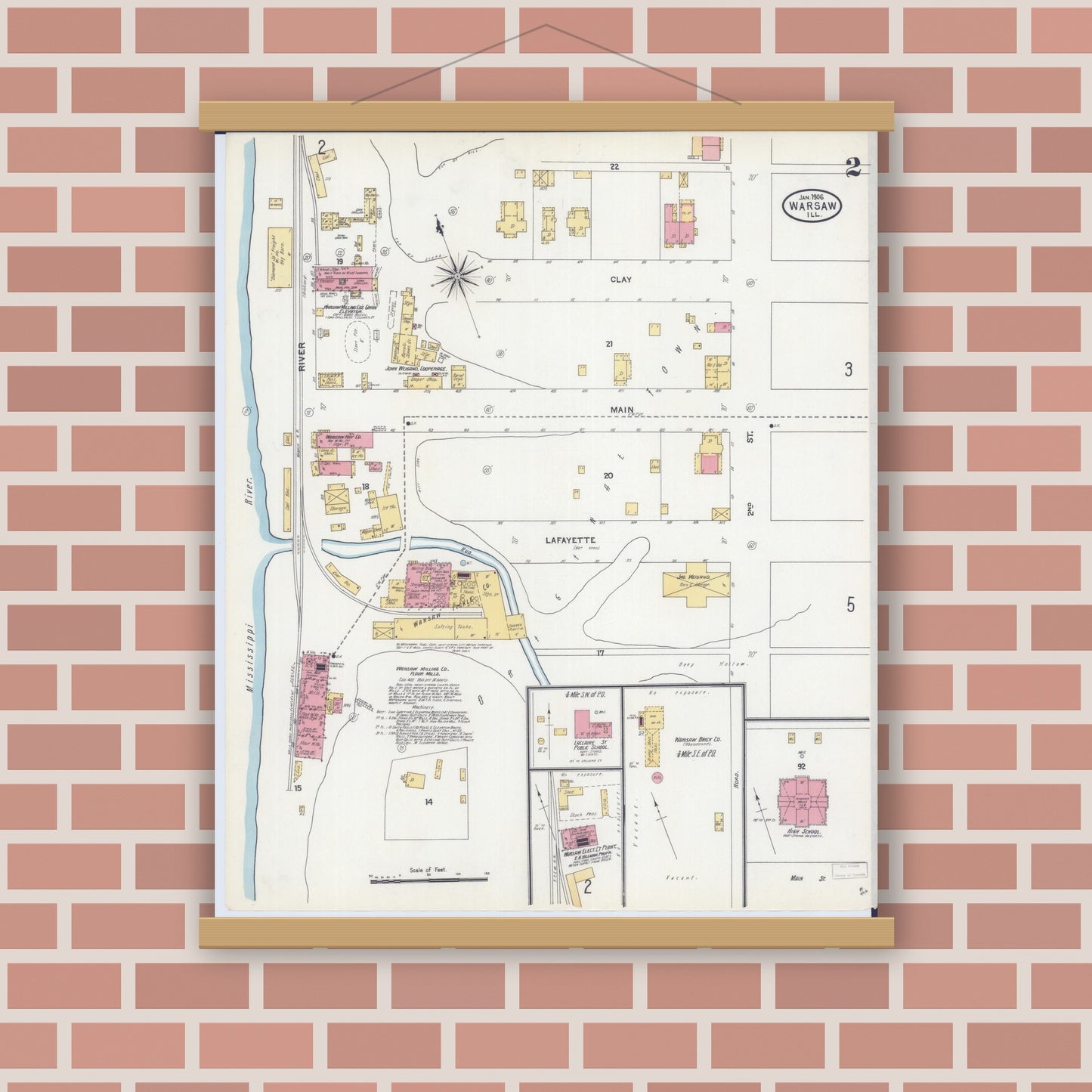 Old map wall art mockup — magnetic wood frame on brick wall — Sanborn Fire Insurance Map from Warsaw, Hancock County, Illinois (1906), Sheet #0002