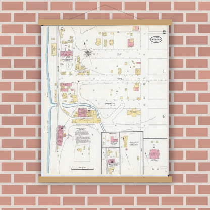 Old map wall art mockup — magnetic wood frame on brick wall — Sanborn Fire Insurance Map from Warsaw, Hancock County, Illinois (1906), Sheet #0002