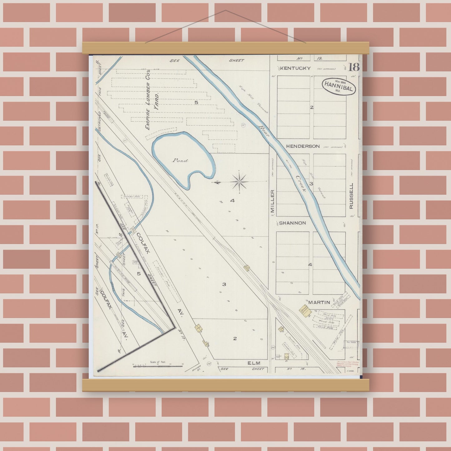 Old map wall art mockup — magnetic wood frame on brick wall — Sanborn Fire Insurance Map from Hannibal, Marion County, Missouri (1885), Sheet #0018