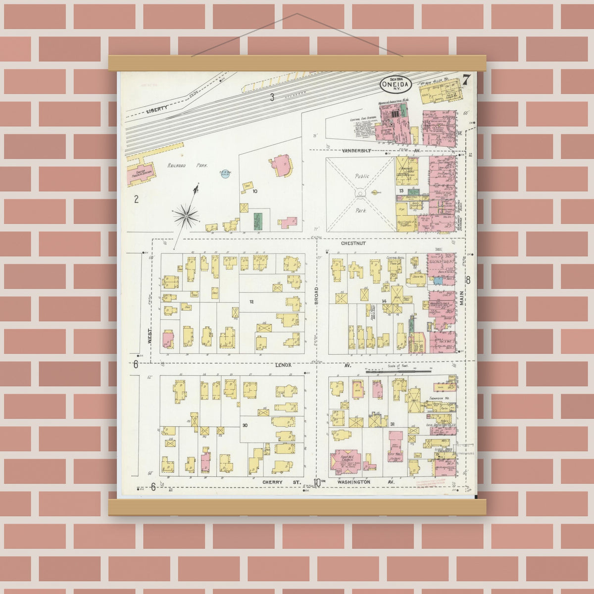 Old map wall art mockup — magnetic wood frame on brick wall — Sanborn Fire Insurance Map from Oneida, Madison County, New York (1904), Sheet #0006