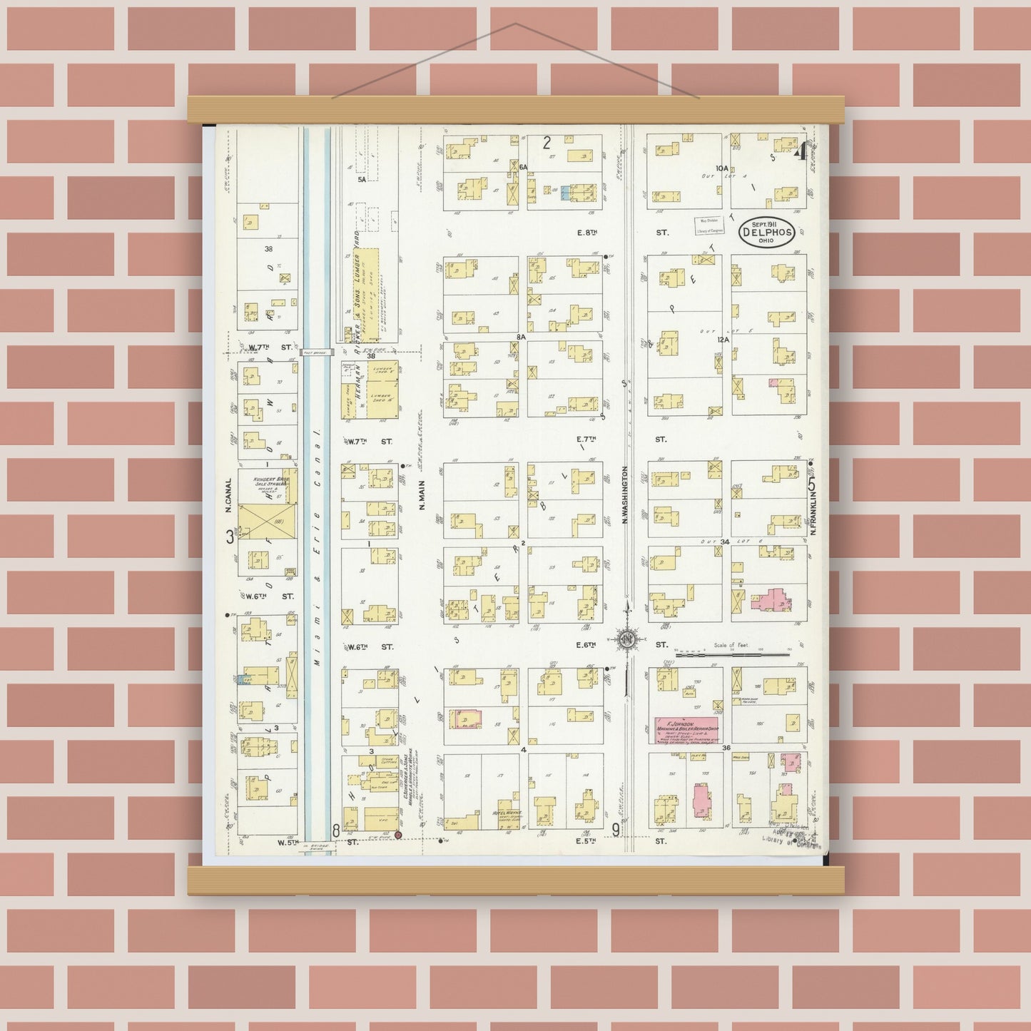 Old map wall art mockup — magnetic wood frame on brick wall — Sanborn Fire Insurance Map from Delphos, Van Wert And Allen Counties, Ohio (1911), Sheet #0004