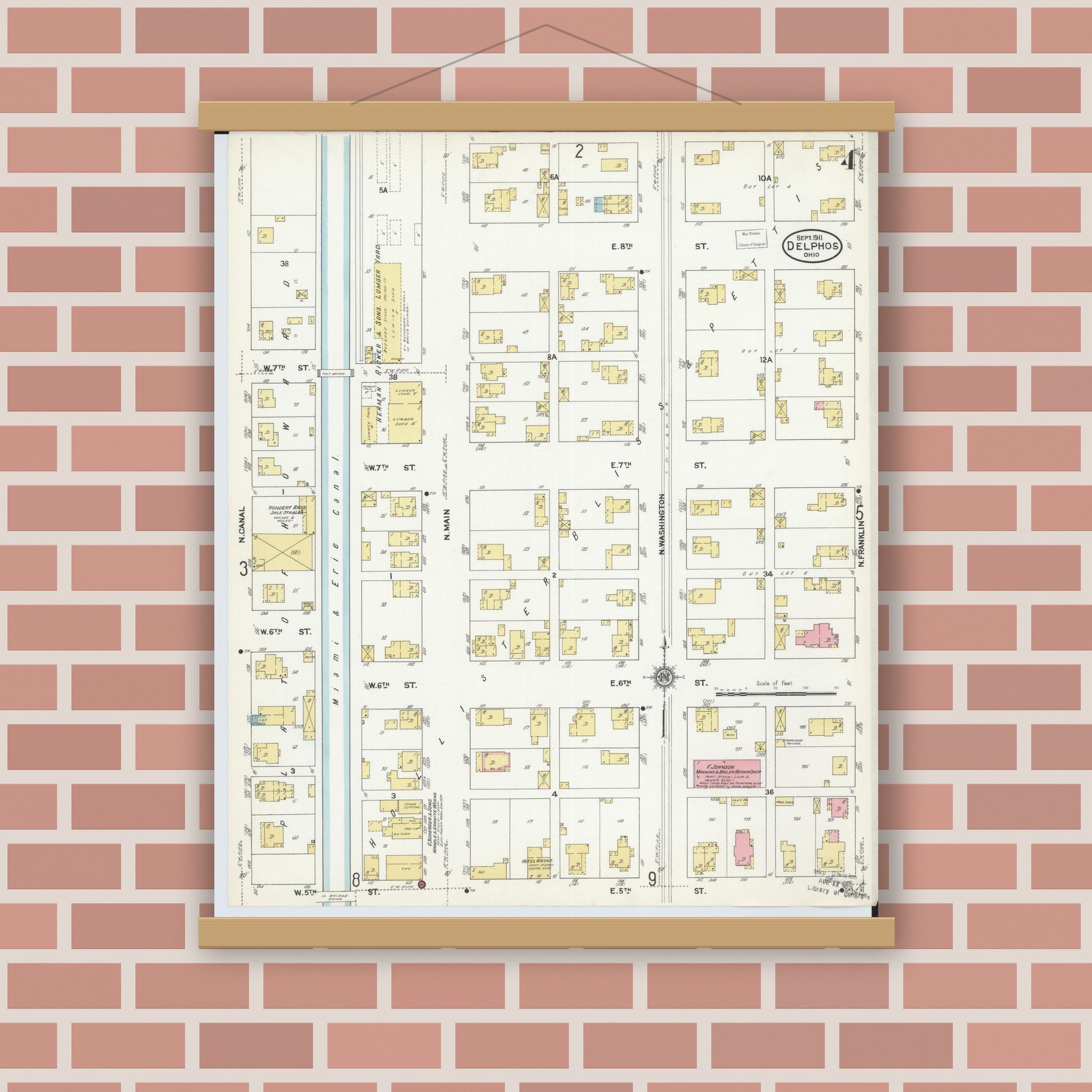 Old map wall art mockup — magnetic wood frame on brick wall — Sanborn Fire Insurance Map from Delphos, Van Wert And Allen Counties, Ohio (1911), Sheet #0004