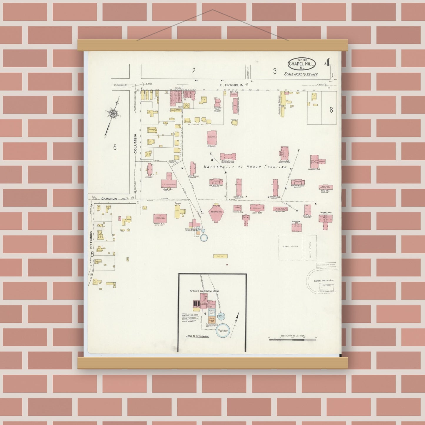 Old map wall art mockup — magnetic wood frame on brick wall — Sanborn Fire Insurance Map from Chapel Hill, Orange County, North Carolina (1915), Sheet #0004