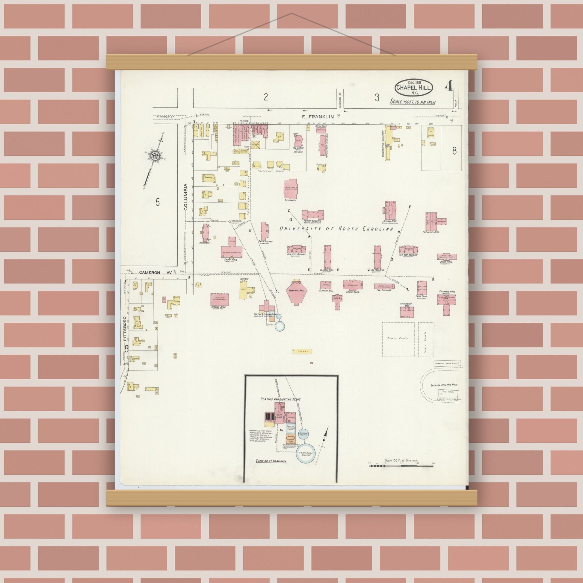 Old map wall art mockup — magnetic wood frame on brick wall — Sanborn Fire Insurance Map from Chapel Hill, Orange County, North Carolina (1915), Sheet #0004