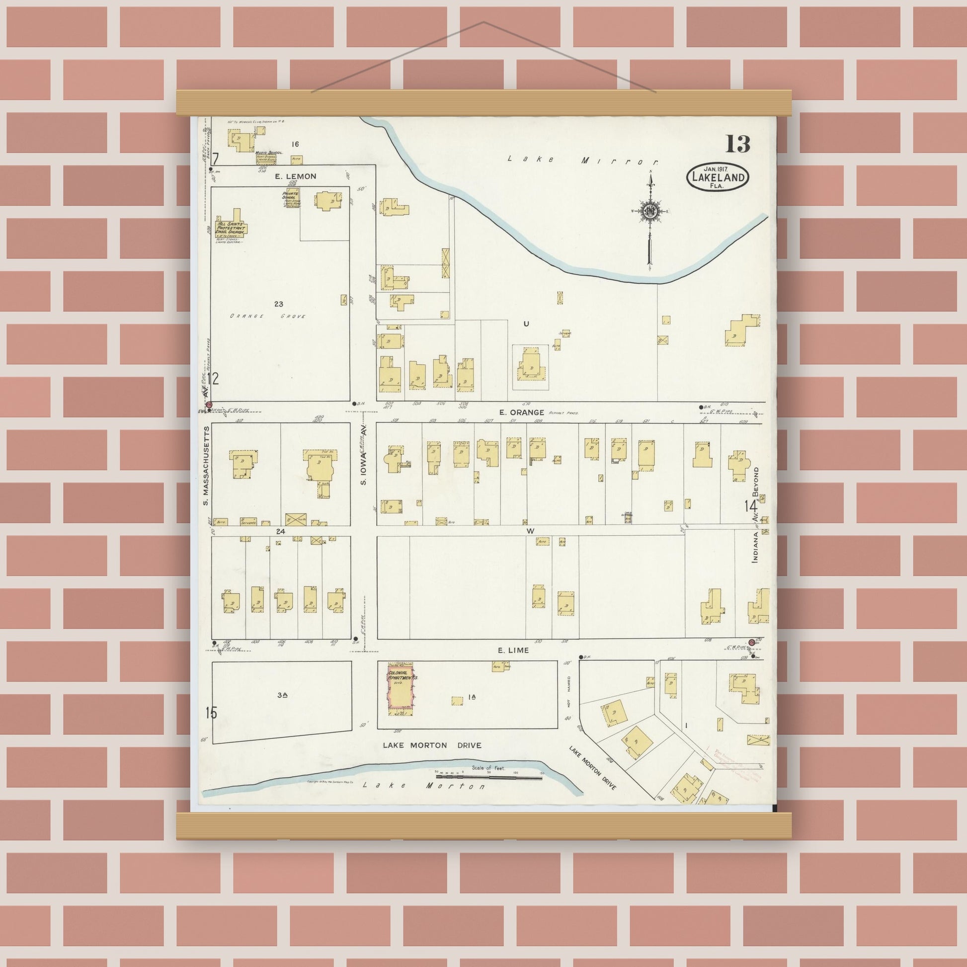 Old map wall art mockup — magnetic wood frame on brick wall — Sanborn Fire Insurance Map from Lakeland, Polk County, Florida (1917), Sheet #0013