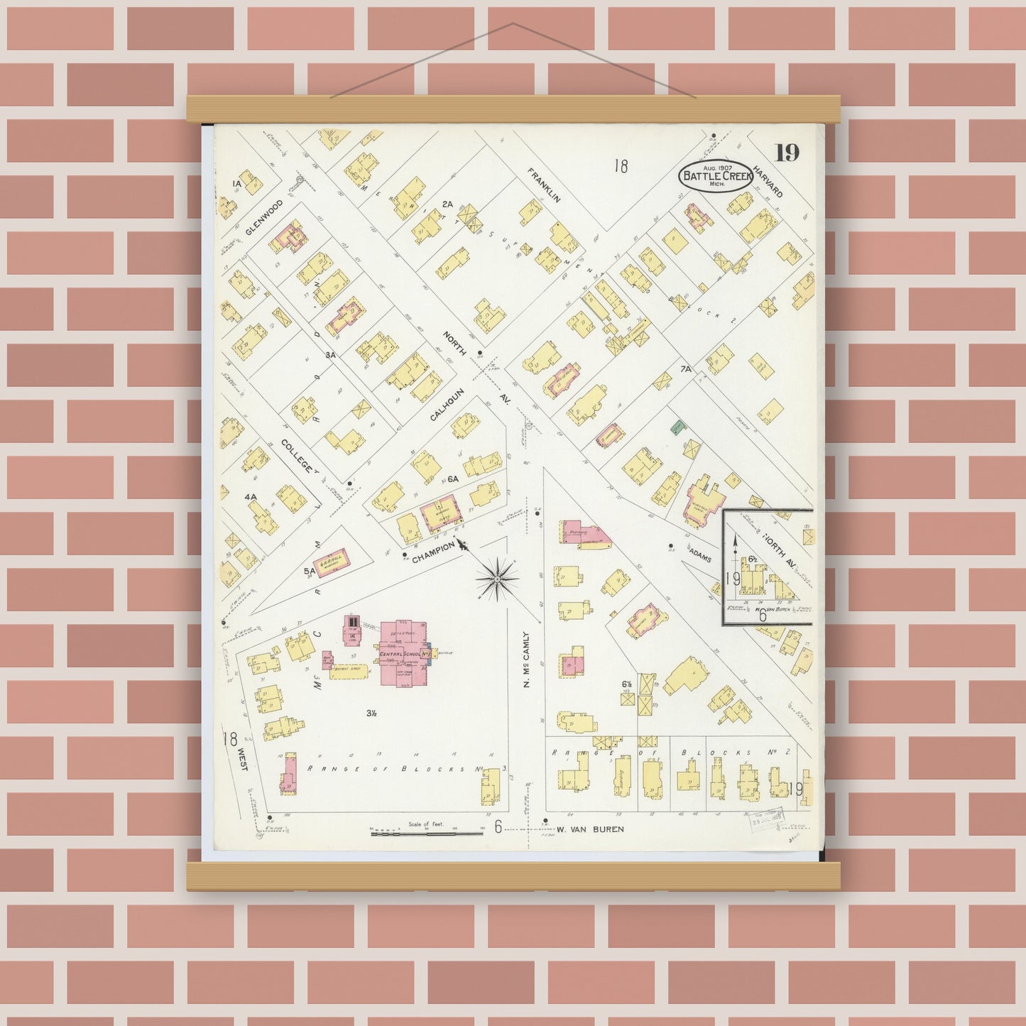 Old map wall art mockup — magnetic wood frame on brick wall — Sanborn Fire Insurance Map from Battle Creek, Calhoun County, Michigan (1907), Sheet #0019