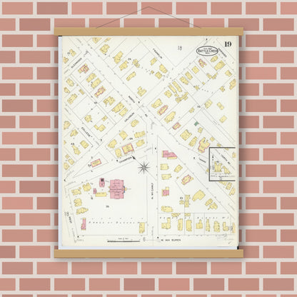 Old map wall art mockup — magnetic wood frame on brick wall — Sanborn Fire Insurance Map from Battle Creek, Calhoun County, Michigan (1907), Sheet #0019