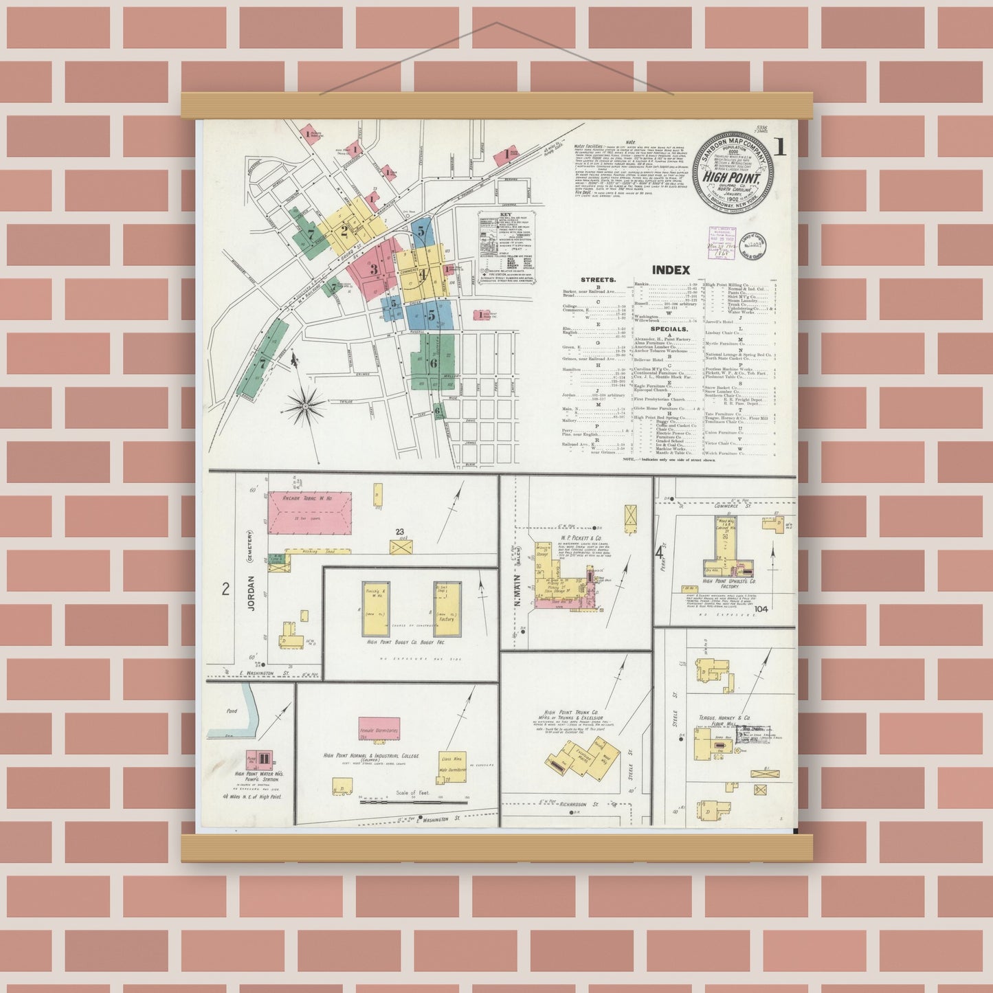 Old map wall art mockup — magnetic wood frame on brick wall — Sanborn Fire Insurance Map from High Point, Guilford County, North Carolina (1902) - Complete Map Set