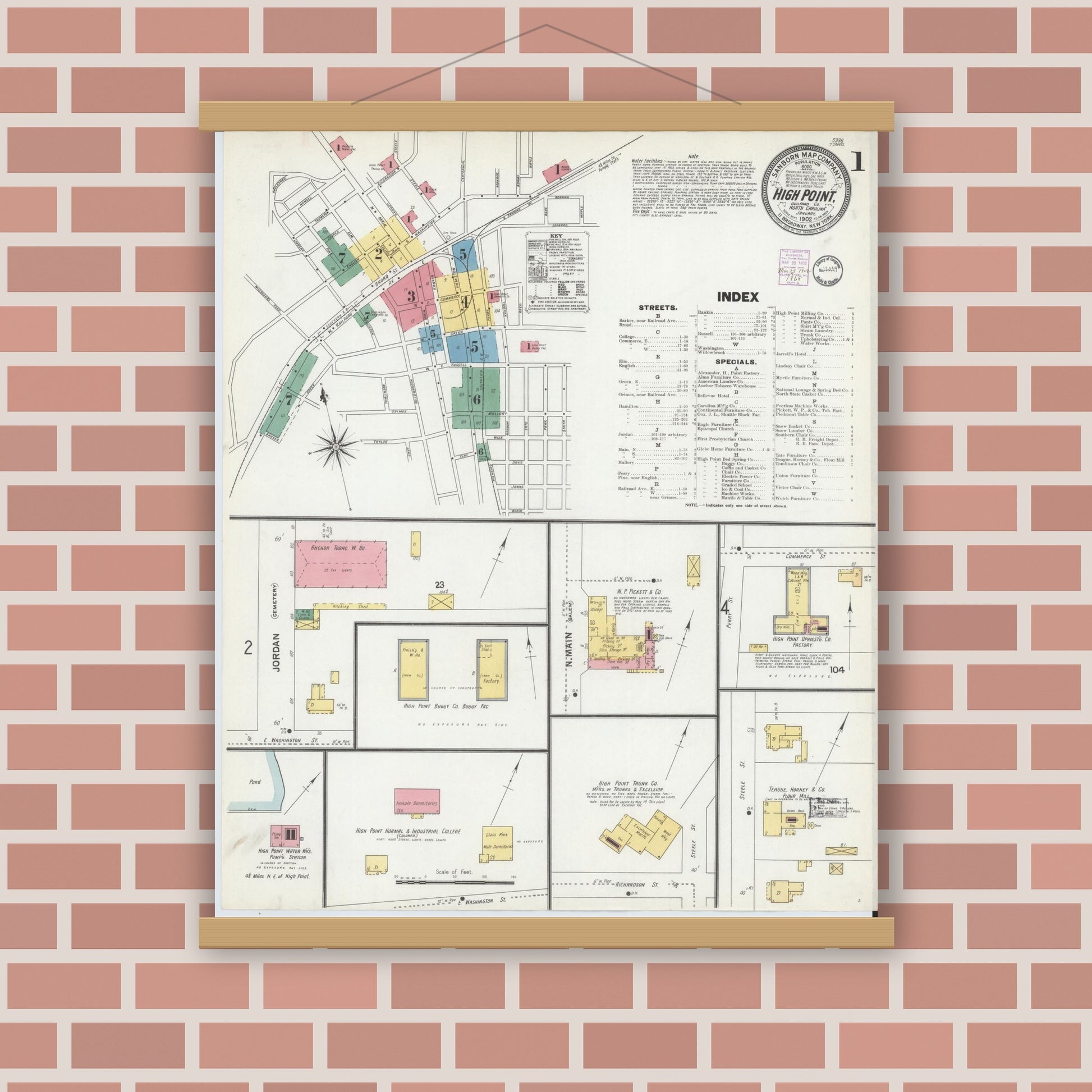 Old map wall art mockup — magnetic wood frame on brick wall — Sanborn Fire Insurance Map from High Point, Guilford County, North Carolina (1902) - Complete Map Set