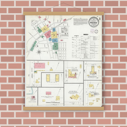 Old map wall art mockup — magnetic wood frame on brick wall — Sanborn Fire Insurance Map from High Point, Guilford County, North Carolina (1902) - Complete Map Set