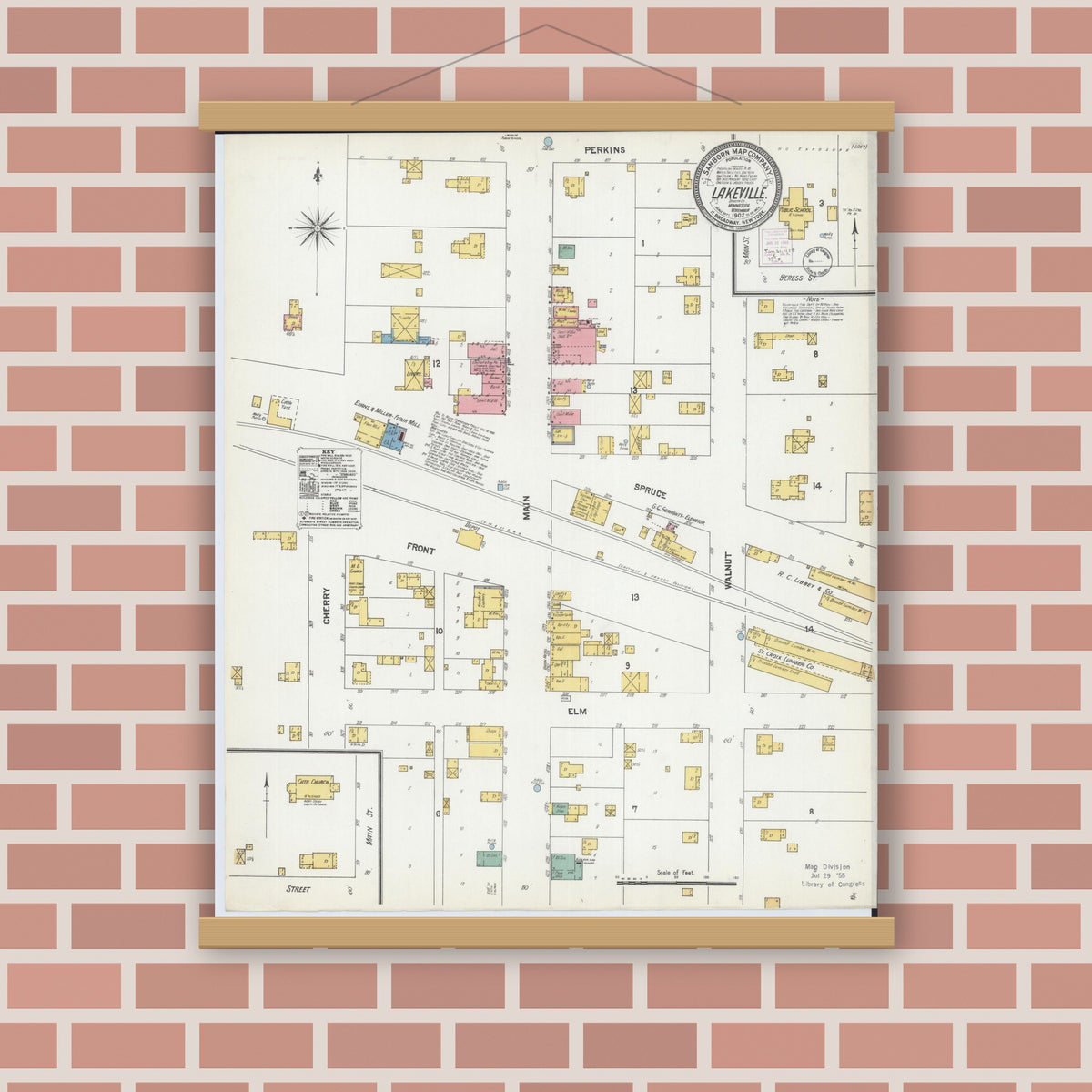 Old map wall art mockup — magnetic wood frame on brick wall — Sanborn Fire Insurance Map from Lakeville, Dakota County, Minnesota (1902), Sheet #0001