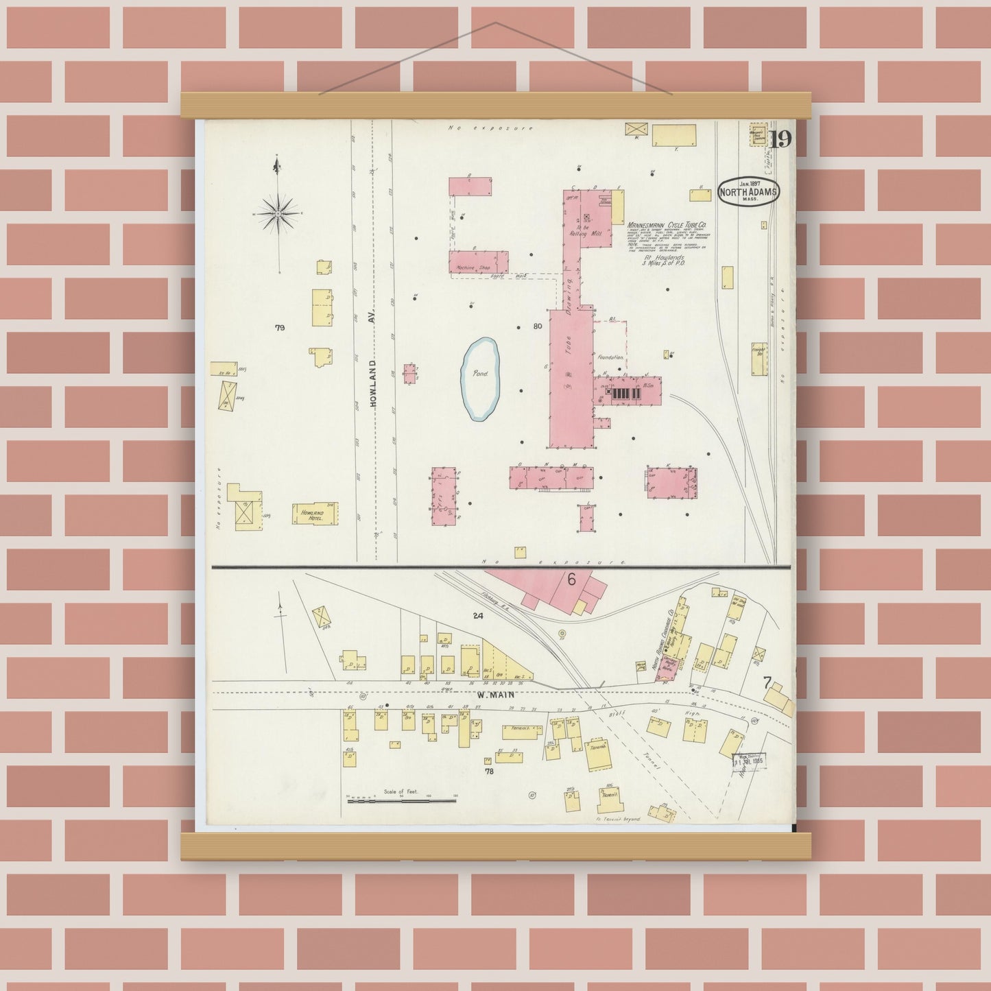 Old map wall art mockup — magnetic wood frame on brick wall — Sanborn Fire Insurance Map from North Adams, Berkshire County, Massachusetts (1897), Sheet #0019