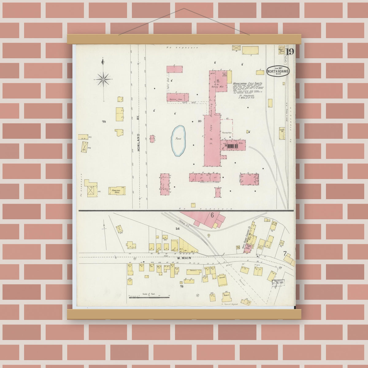 Old map wall art mockup — magnetic wood frame on brick wall — Sanborn Fire Insurance Map from North Adams, Berkshire County, Massachusetts (1897), Sheet #0019
