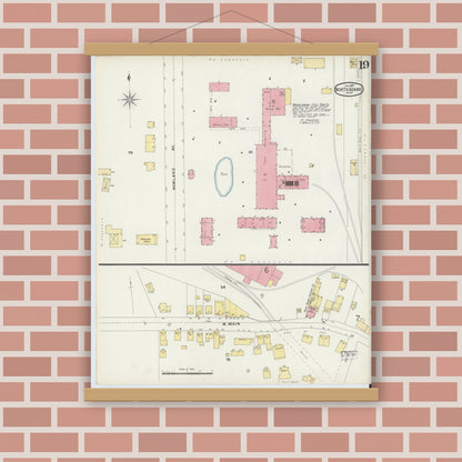 Old map wall art mockup — magnetic wood frame on brick wall — Sanborn Fire Insurance Map from North Adams, Berkshire County, Massachusetts (1897), Sheet #0019