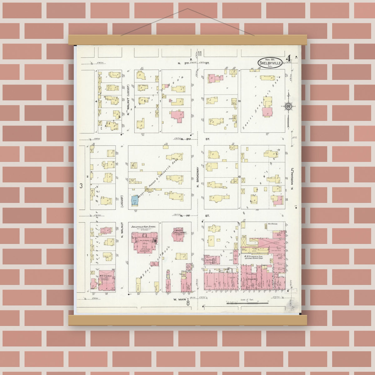Old map wall art mockup — magnetic wood frame on brick wall — Sanborn Fire Insurance Map from Shelbyville, Shelby County, Illinois (1911), Sheet #0004