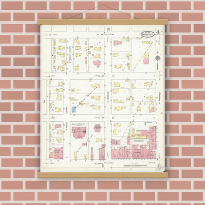 Old map wall art mockup — magnetic wood frame on brick wall — Sanborn Fire Insurance Map from Shelbyville, Shelby County, Illinois (1911), Sheet #0004