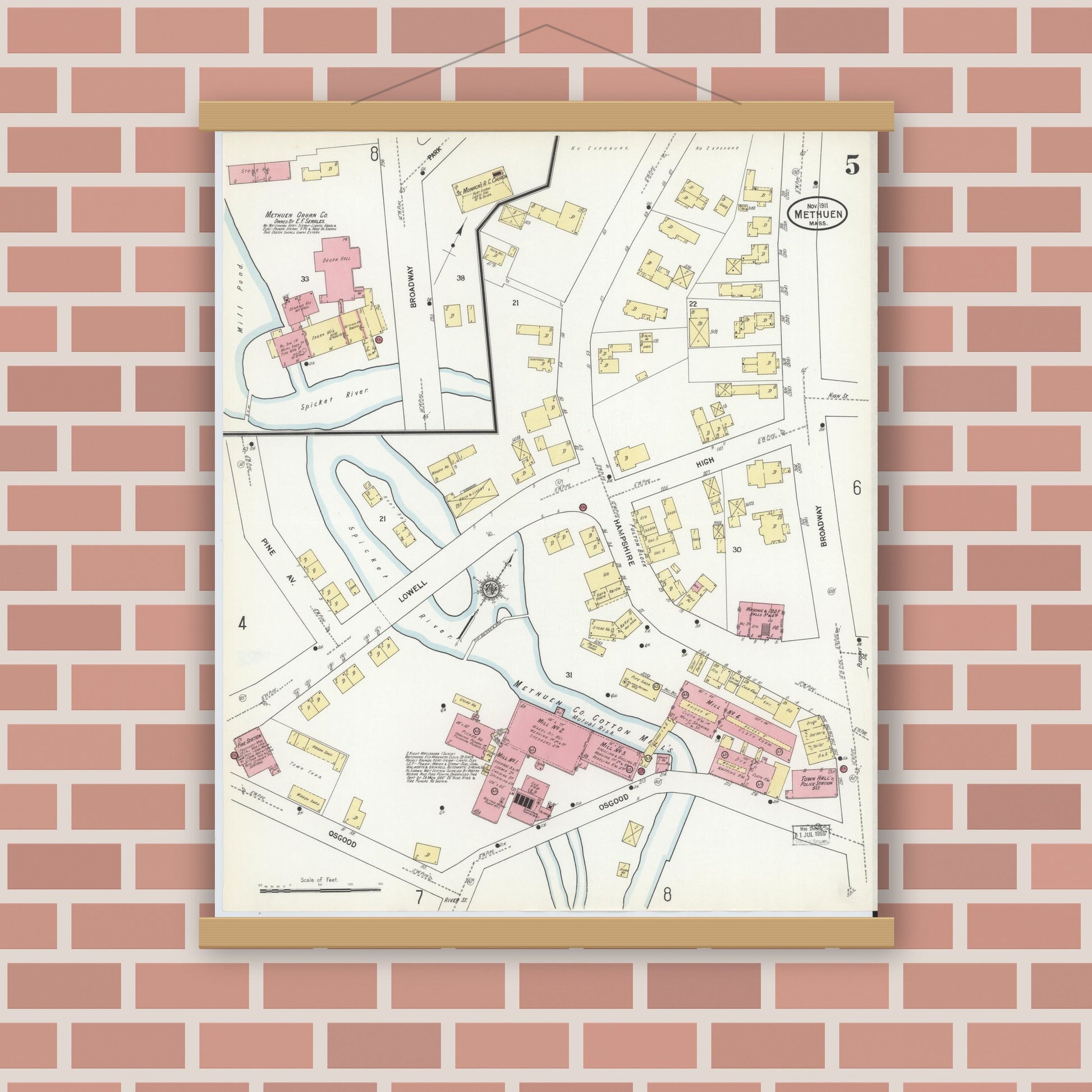 Old map wall art mockup — magnetic wood frame on brick wall — Sanborn Fire Insurance Map from Methuen, Essex County, Massachusetts (1911), Sheet #0005