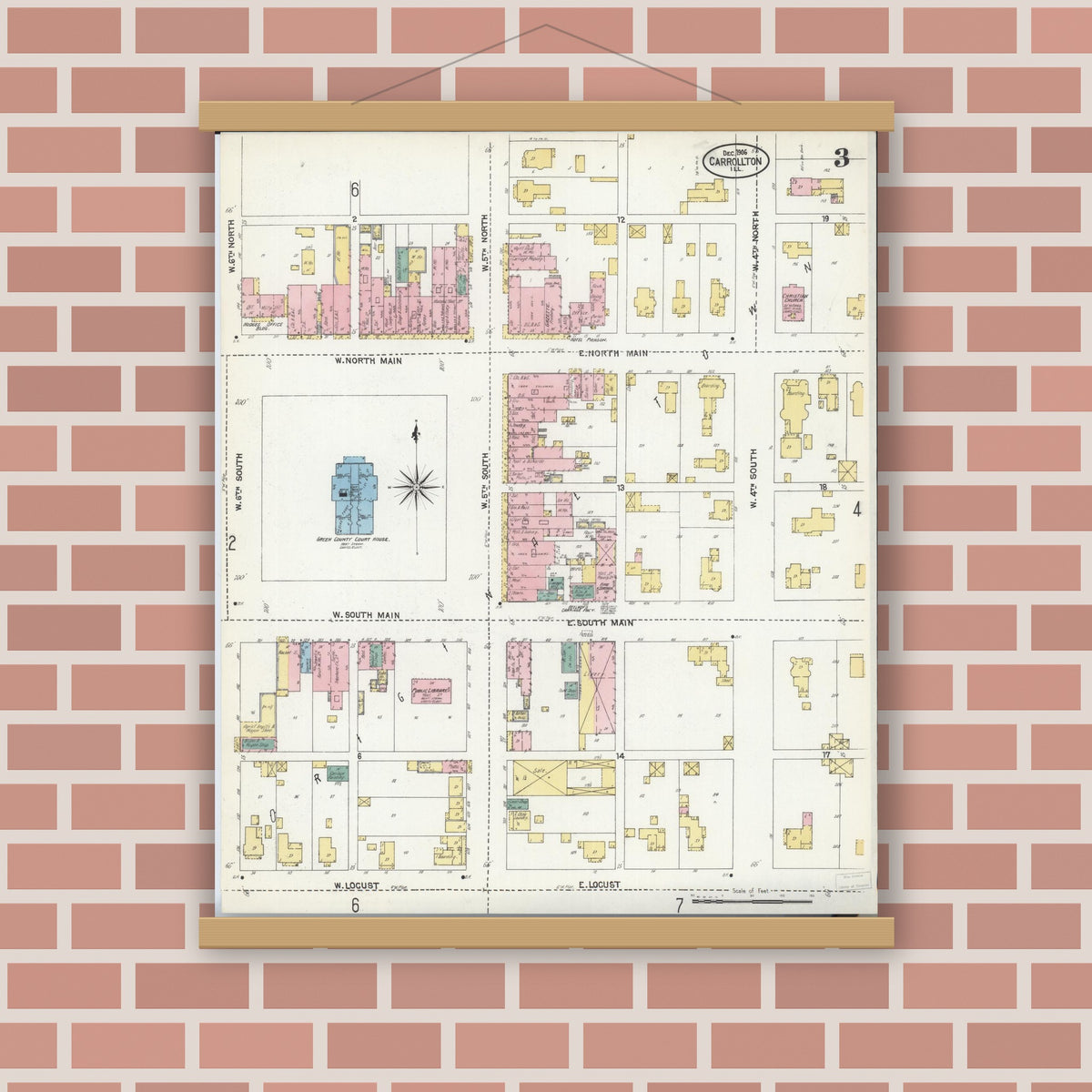 Old map wall art mockup — magnetic wood frame on brick wall — Sanborn Fire Insurance Map from Carrollton, Greene County, Illinois (1906), Sheet #0003