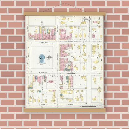 Old map wall art mockup — magnetic wood frame on brick wall — Sanborn Fire Insurance Map from Carrollton, Greene County, Illinois (1906), Sheet #0003