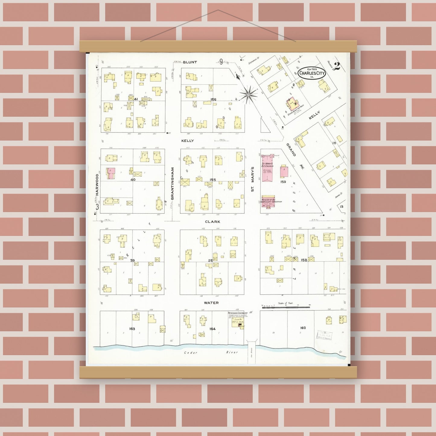 Old map wall art mockup — magnetic wood frame on brick wall — Sanborn Fire Insurance Map from Charles City, Floyd County, Iowa (1909), Sheet #0002