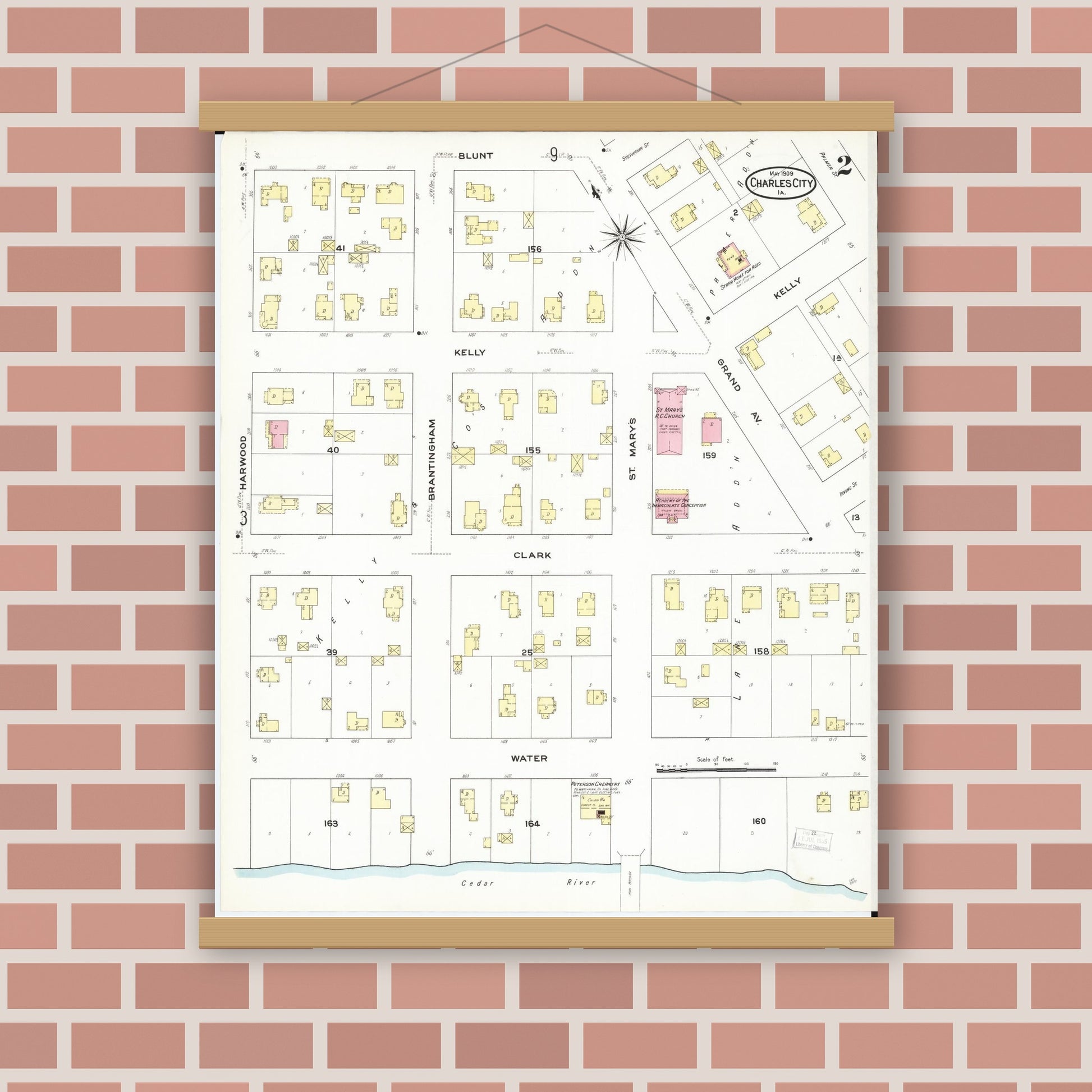 Old map wall art mockup — magnetic wood frame on brick wall — Sanborn Fire Insurance Map from Charles City, Floyd County, Iowa (1909), Sheet #0002