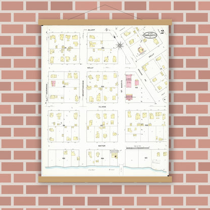 Old map wall art mockup — magnetic wood frame on brick wall — Sanborn Fire Insurance Map from Charles City, Floyd County, Iowa (1909), Sheet #0002
