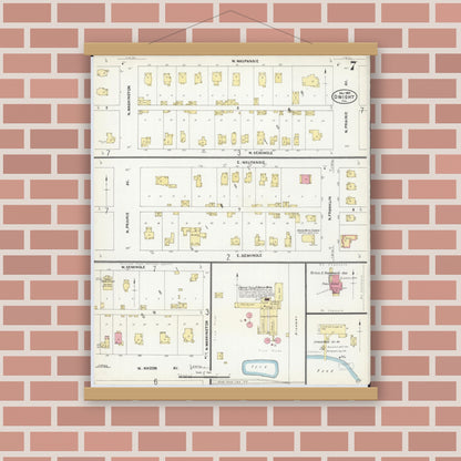 Old map wall art mockup — magnetic wood frame on brick wall — Sanborn Fire Insurance Map from Dwight, Livingston County, Illinois (1907), Sheet #0007