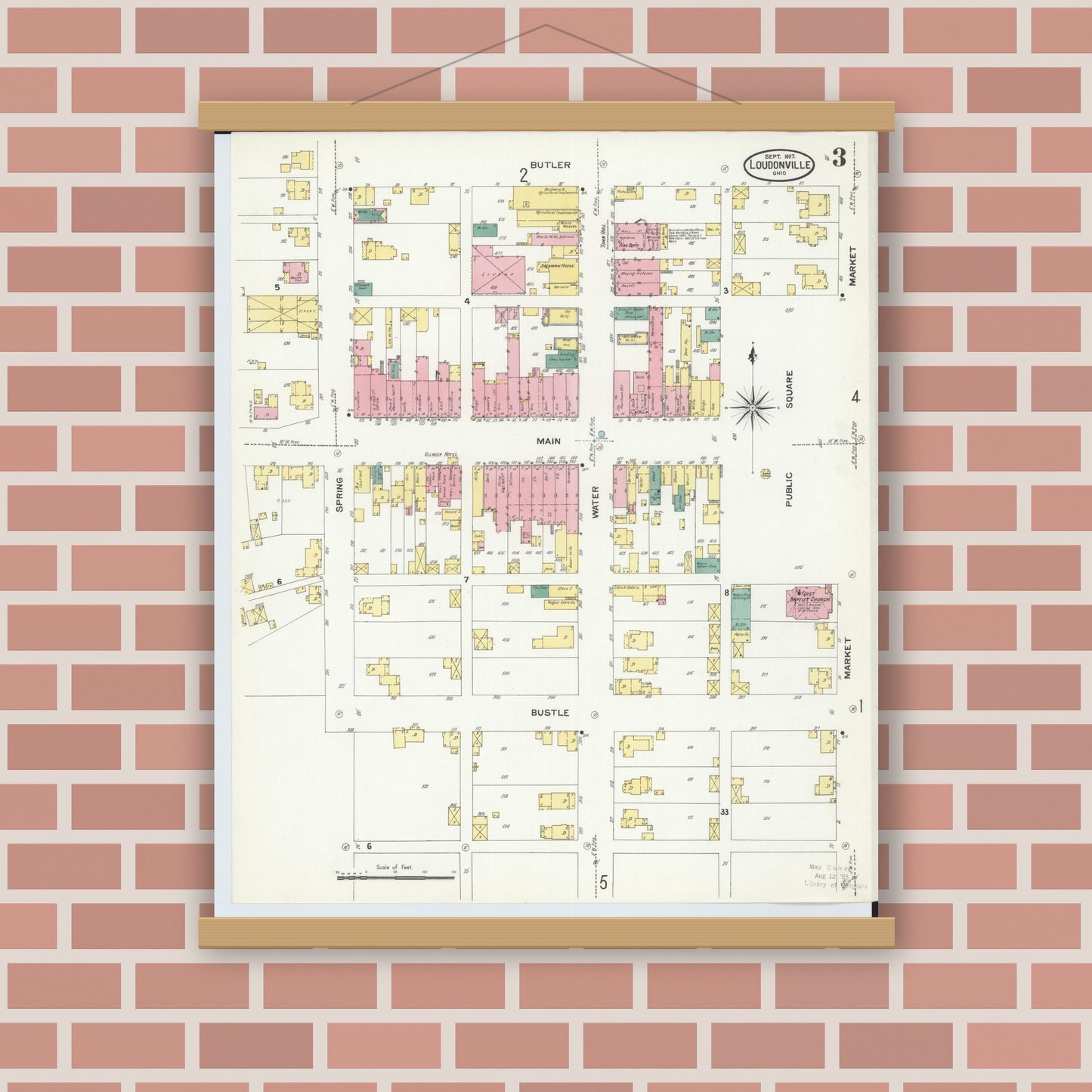 Old map wall art mockup — magnetic wood frame on brick wall — Sanborn Fire Insurance Map from Loudonville, Ashland County, Ohio (1907), Sheet #0003