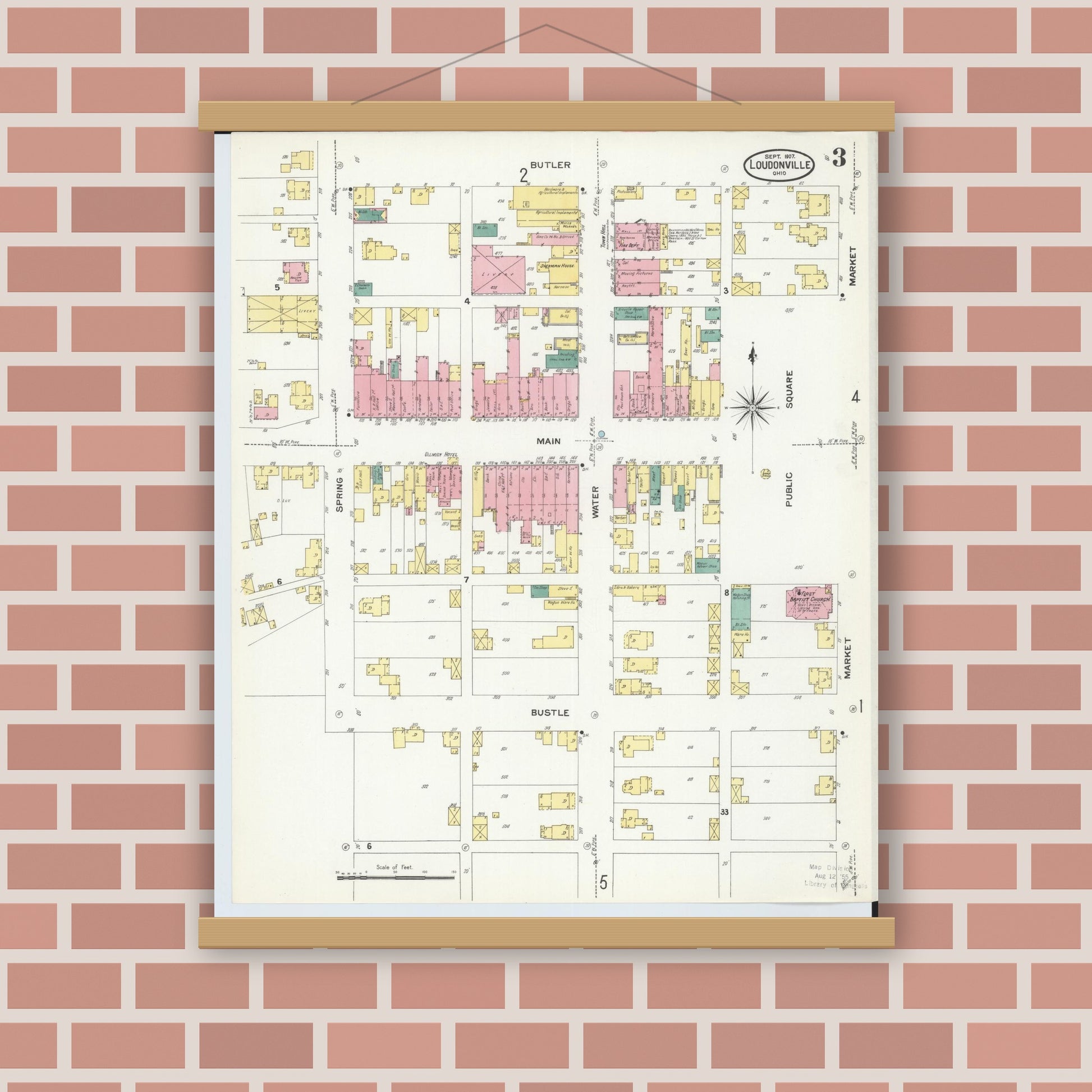 Old map wall art mockup — magnetic wood frame on brick wall — Sanborn Fire Insurance Map from Loudonville, Ashland County, Ohio (1907), Sheet #0003