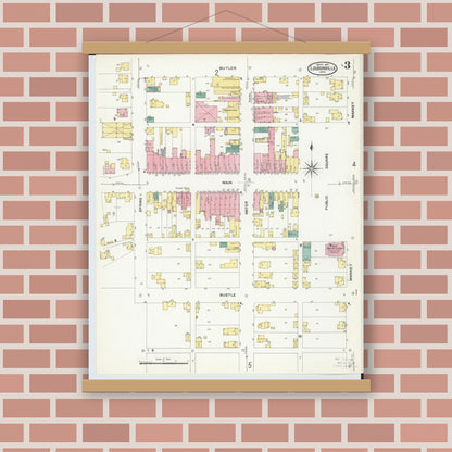 Old map wall art mockup — magnetic wood frame on brick wall — Sanborn Fire Insurance Map from Loudonville, Ashland County, Ohio (1907), Sheet #0003