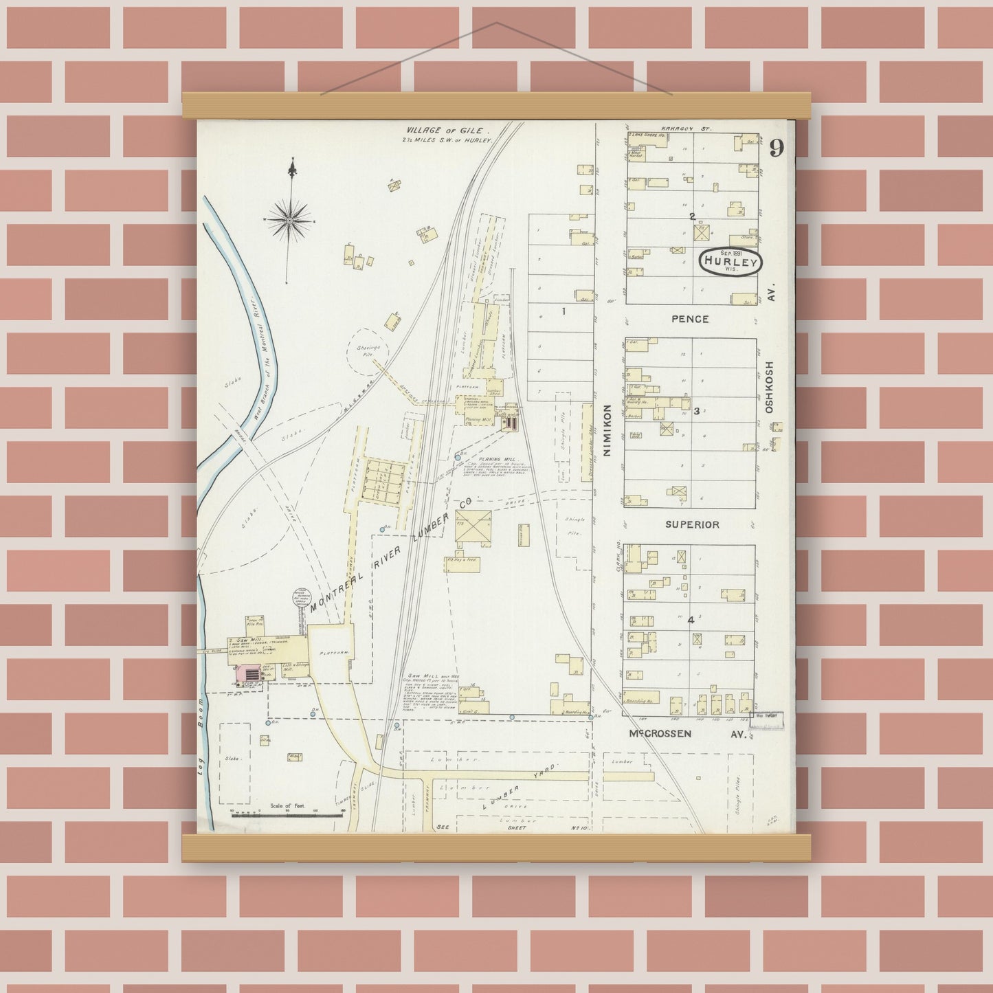 Old map wall art mockup — magnetic wood frame on brick wall — Sanborn Fire Insurance Map from Hurley, Iron County, Wisconsin (1891), Sheet #0009