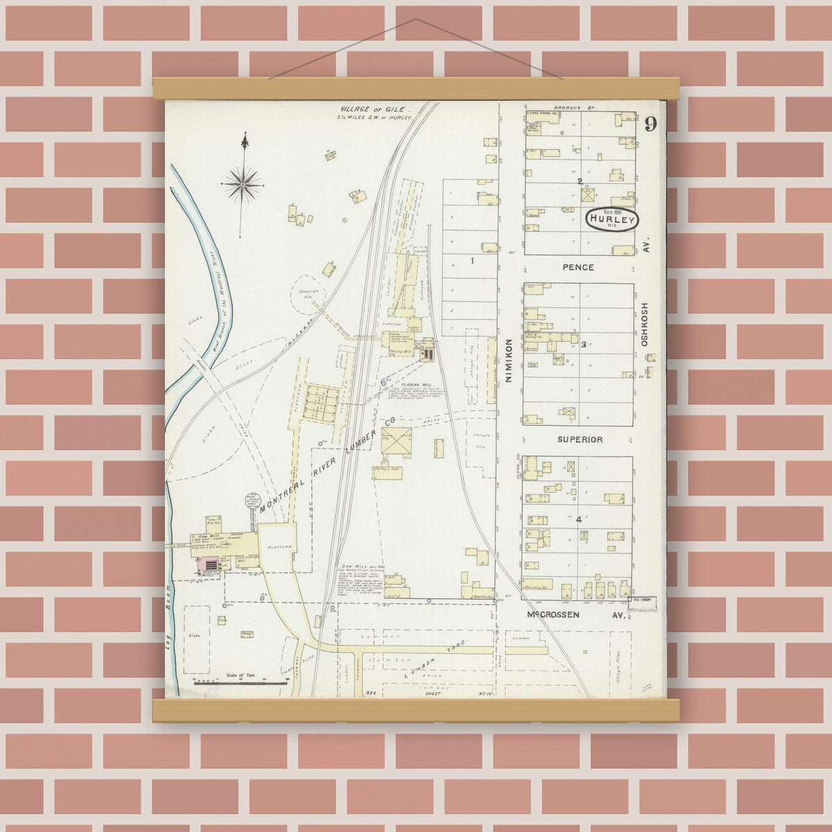 Old map wall art mockup — magnetic wood frame on brick wall — Sanborn Fire Insurance Map from Hurley, Iron County, Wisconsin (1891), Sheet #0009