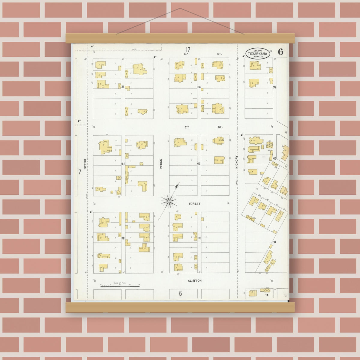 Old map wall art mockup — magnetic wood frame on brick wall — Sanborn Fire Insurance Map from Texarkana, Bowie County, Texas (1900), Sheet #0006