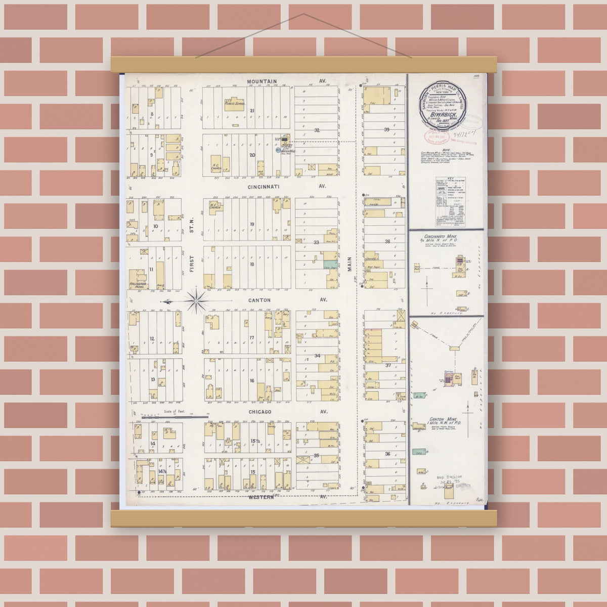 Old map wall art mockup — magnetic wood frame on brick wall — Sanborn Fire Insurance Map from Biwabik, Saint Louis County, Minnesota (1897), Sheet #0001