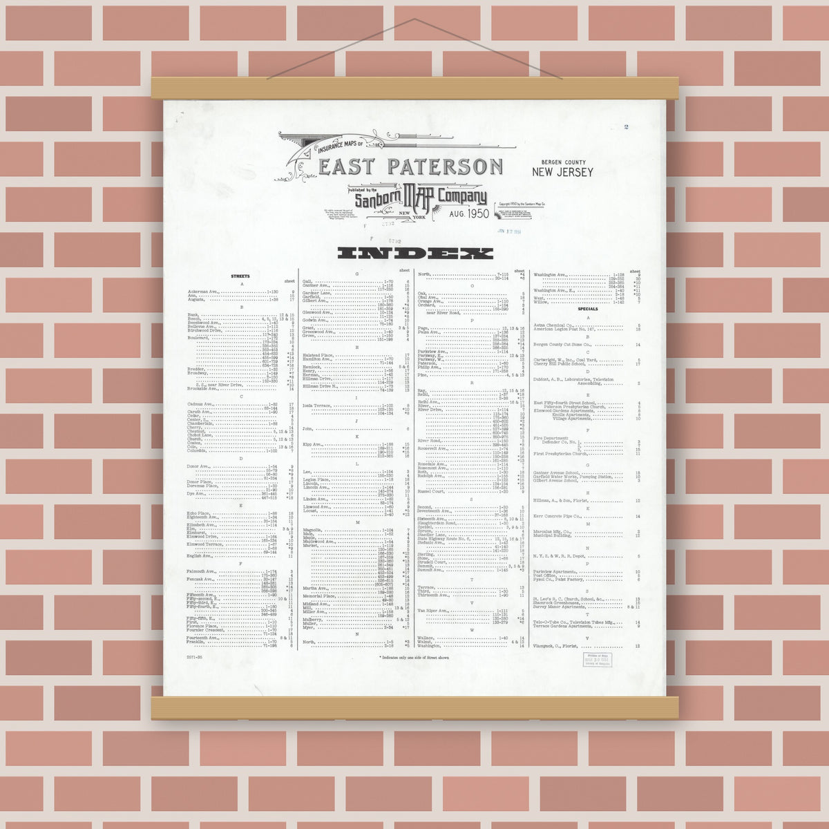 Old map wall art mockup — magnetic wood frame on brick wall — Sanborn Fire Insurance Map from East Paterson, Bergen County, New Jersey (1950), Sheet #0001