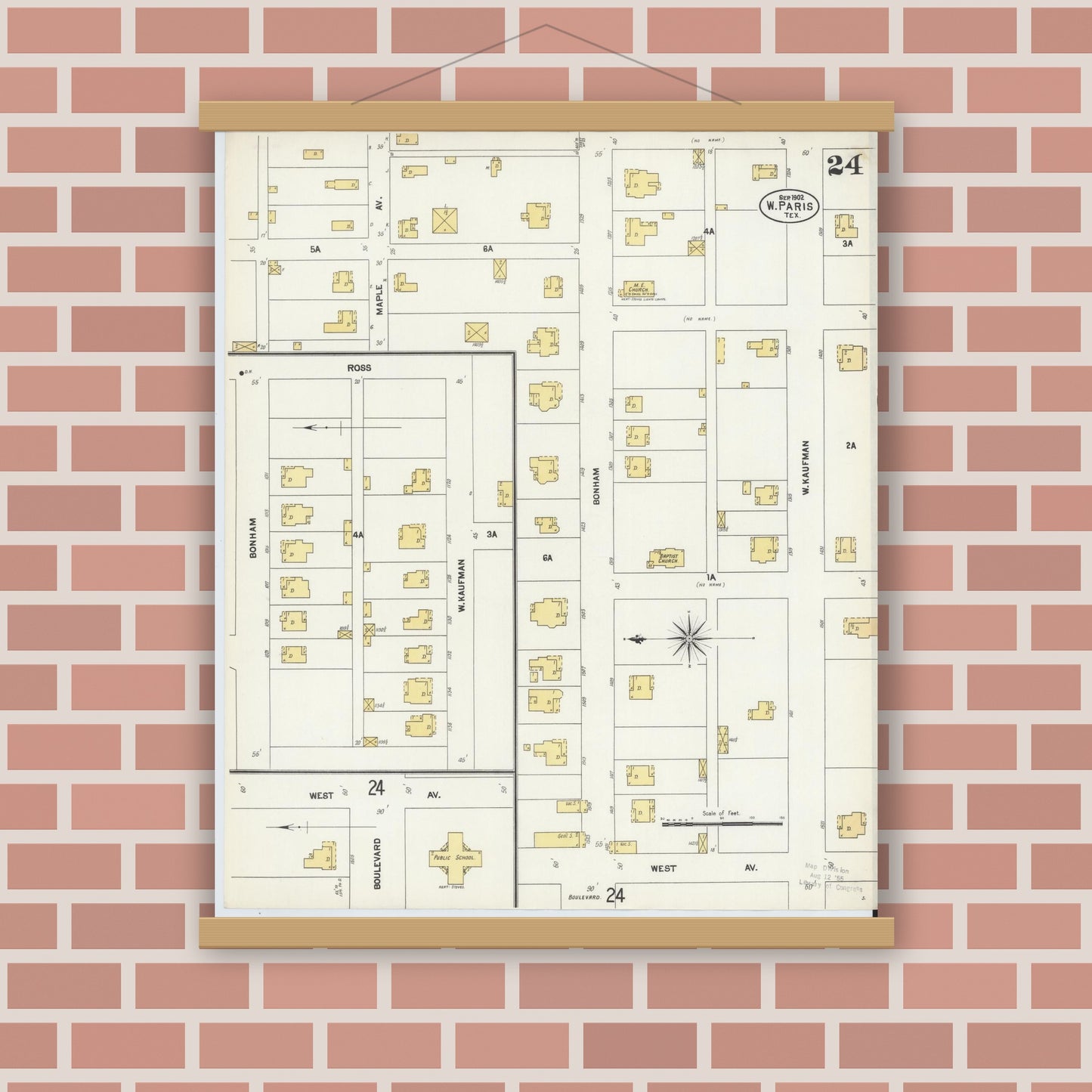 Old map wall art mockup — magnetic wood frame on brick wall — Sanborn Fire Insurance Map from Paris, Lamar County, Texas (1902), Sheet #0024