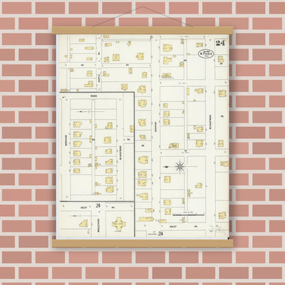 Old map wall art mockup — magnetic wood frame on brick wall — Sanborn Fire Insurance Map from Paris, Lamar County, Texas (1902), Sheet #0024