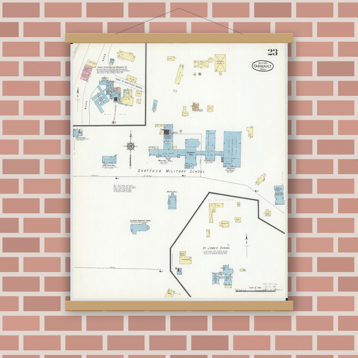 Old map wall art mockup — magnetic wood frame on brick wall — Sanborn Fire Insurance Map from Faribault, Rice County, Minnesota (1914), Sheet #0023