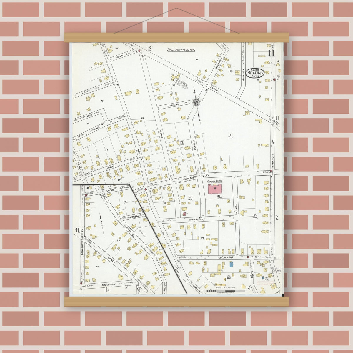 Old map wall art mockup — magnetic wood frame on brick wall — Sanborn Fire Insurance Map from Reading, Middlesex County, Massachusetts (1918), Sheet #0011