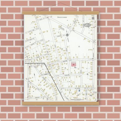 Old map wall art mockup — magnetic wood frame on brick wall — Sanborn Fire Insurance Map from Reading, Middlesex County, Massachusetts (1918), Sheet #0011