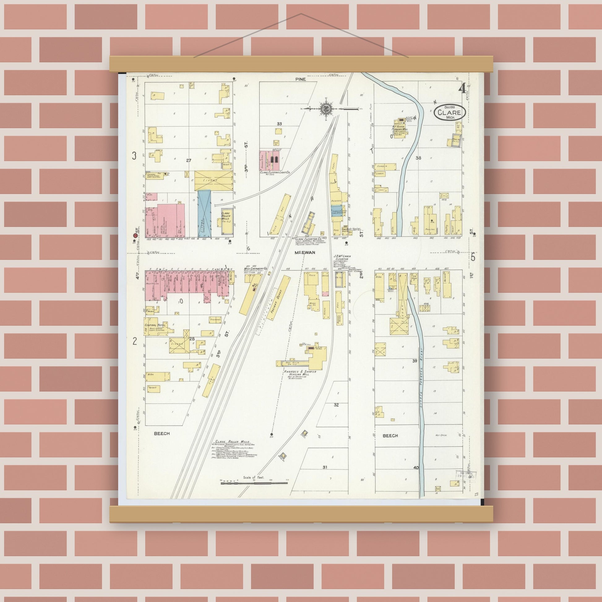 Old map wall art mockup — magnetic wood frame on brick wall — Sanborn Fire Insurance Map from Clare, Clare County, Michigan (1910), Sheet #0004
