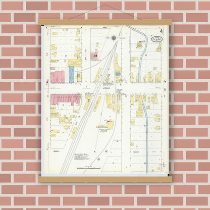 Old map wall art mockup — magnetic wood frame on brick wall — Sanborn Fire Insurance Map from Clare, Clare County, Michigan (1910), Sheet #0004